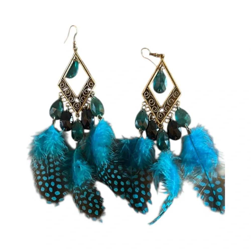 Chic Teal & Black Bohemian Feather Earrings NWOT